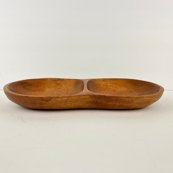 Genuine Monkey Pod Wooden Double Bowl Tray Candy Nut Dish - Picture 2 of 5